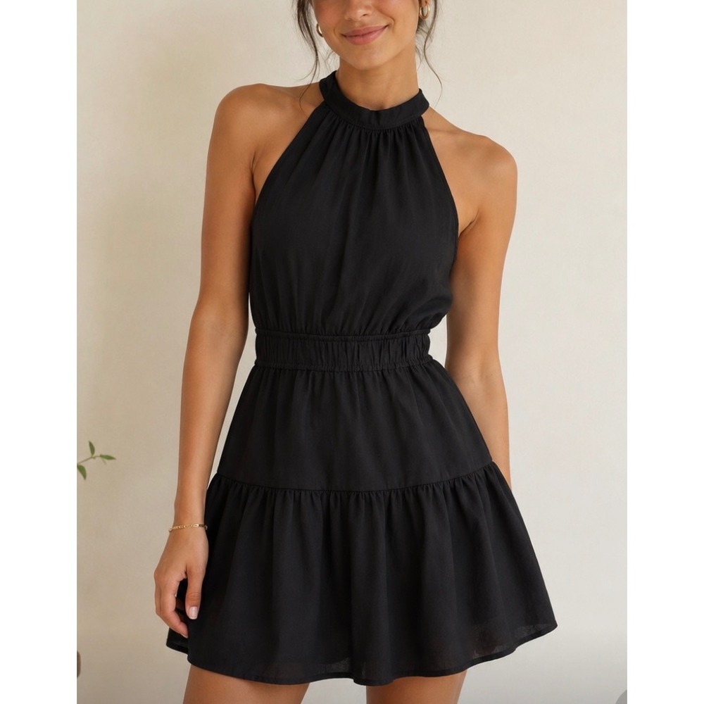 Japna Black Halter Mini Dress Smocked Waist Keyhole Back Tiered Ruffle Small